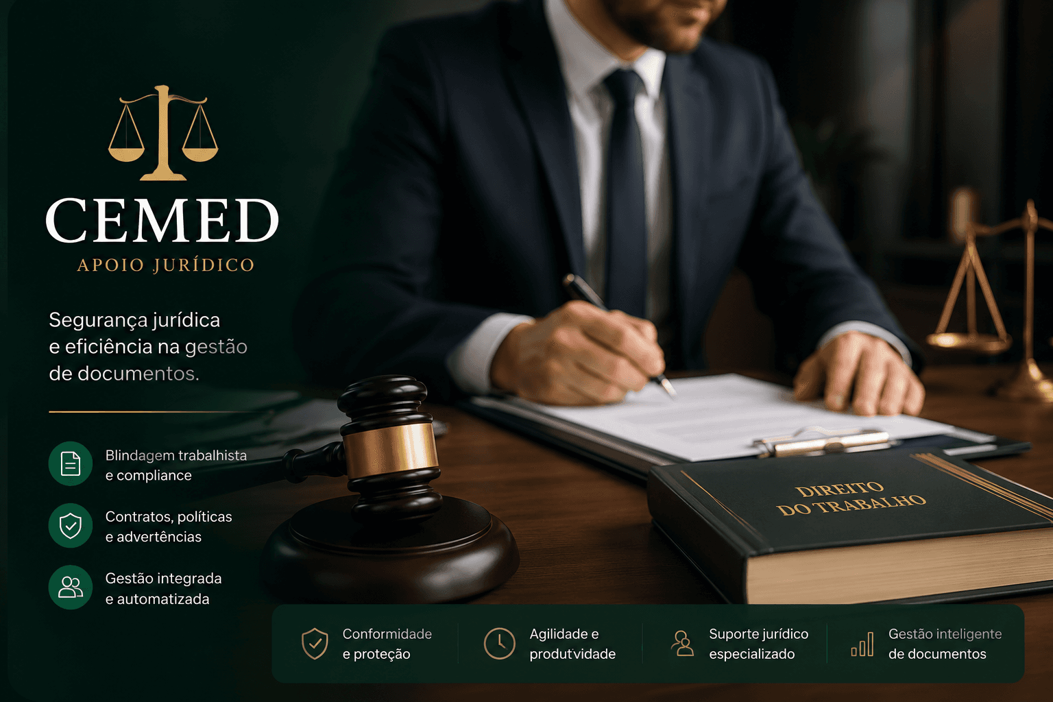 CEMED Apoio Jurídico — escritório jurídico premium com gavel, balança e Direito do Trabalho